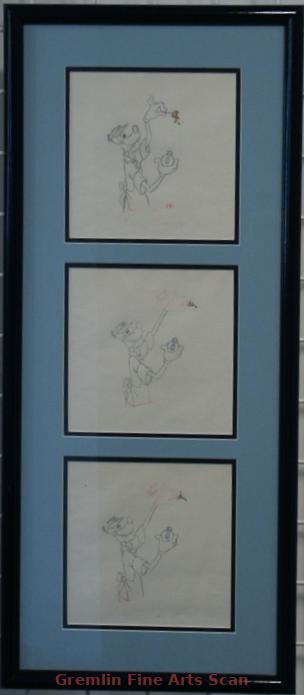 HOLD THAT POSE 1950 Three Animation Drawings of Goofy Holding a Lit Match and a Lightbulb. Two Images are Key, and One in Between. Overall Size Each 9 x 10 Inches, Framed Together Vertically. Overall Framed Size 34 x 15 Inches. 19654-WD $400.00 Framed