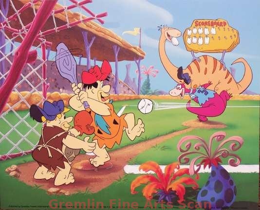 FLINTSTONES BASEBALL 1993 Hanna-Barbera Mini-Card Full Color Poster of Fred & Barny Playing Baseball, with Dino Pitching. This Item has been custom matted and framed.