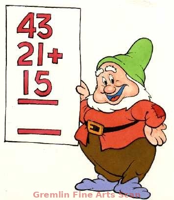 SNOW WHITE AND THE SEVEN DWARFS 1973 Happy is the teacher in this painting as he shows the reader a math problem. This Original Watercolor Painting was Published in Disney’s Now I Know. Exact date is unknown. Artist is Brian Lewis. Matted to 11 x 12 Inches. 15979-DA $129.00 Matted