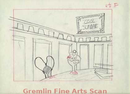 90 DAY WONDERING 1957 Pencil Rough Background Layout of the Inside of an Ice Cream Parlor. This US Army Indoctrination Film was Animated at Warner Bros. and the Art Design was Done by Maurice Noble.