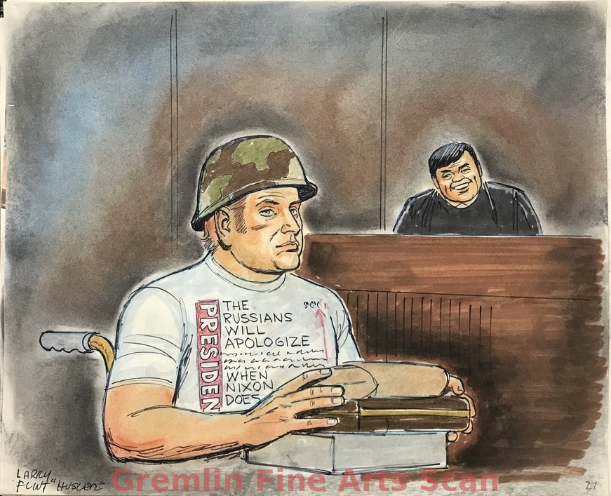 Joseph Franklin - Larry Flint  1978  Larry Flint, seated in a wheelchair with combat helmet on his head and wearing a political T-shirt referencing President Nixon and the Russians is in court to testify in his attempted murder by Joseph Franklin, a serial killer.  Mr. Flint was best known for his publishing empire, Hustler Magazine, and his many brushes with the law and the church.  Bill Lignante captured the essence of Flynt's paranoia during the trial.  The helmet was to protect his head wound as it healed.