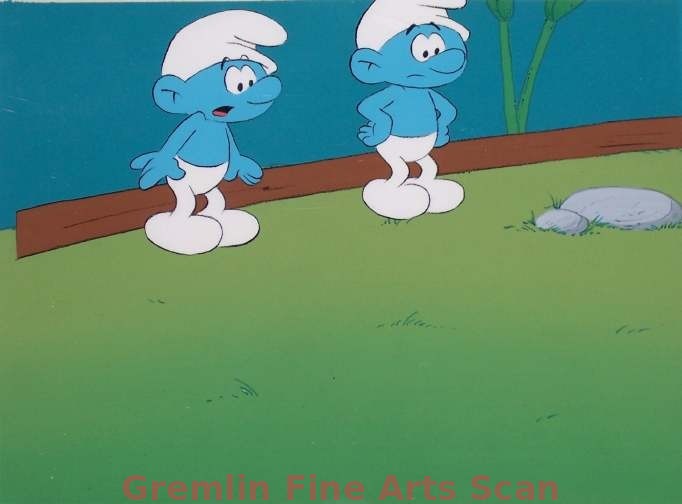THE SMURFS 1980 Production cel of the Smurfs presented on its key master background.