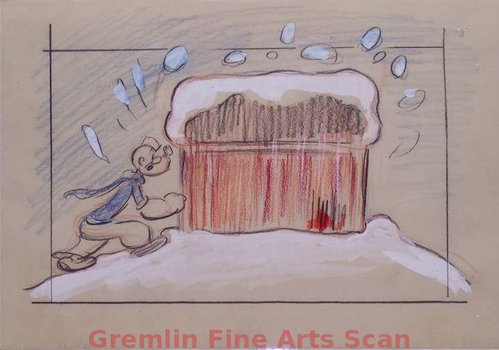 I’LL BE SKIING YA   1947   An Elevator Comes Up Out of the Snow in Front of Popeye.  Graphite  & Crayon with Watercolor on Paper.