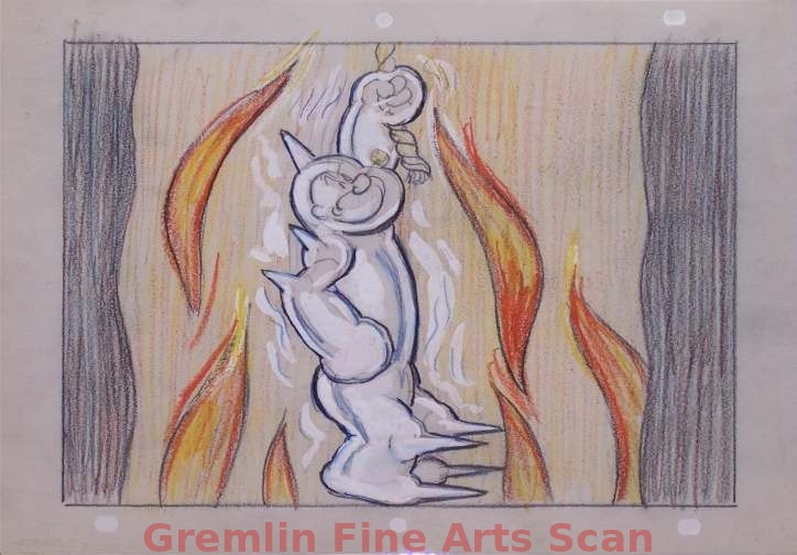 I’LL BE SKIING YA 1947 He Stops, Surrounded by Flames. Graphite & Crayon with Watercolor on Paper.