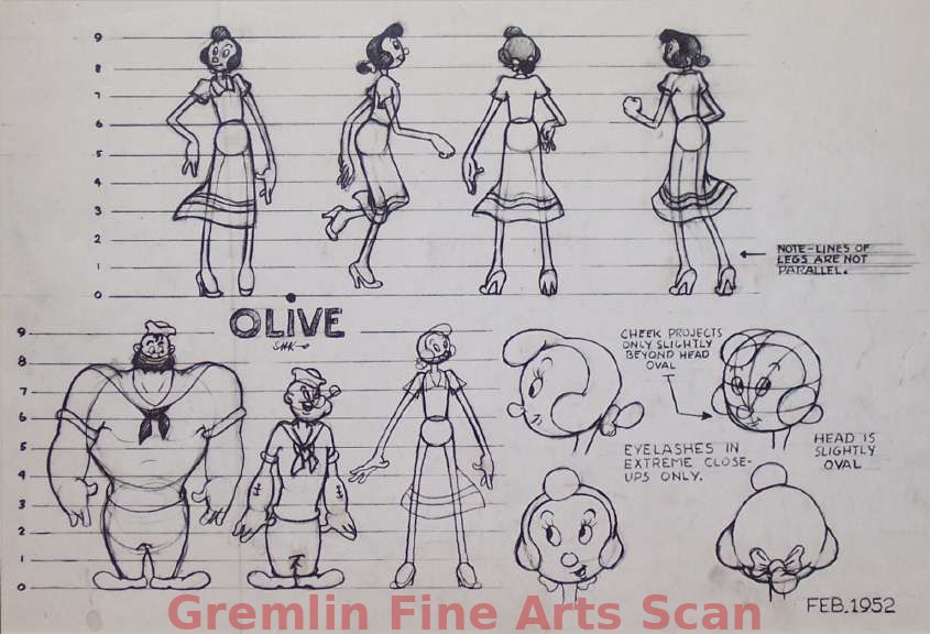 OLIVE MODEL SHEET 1952 Original Studio Photocopy of Olive Oyl Model Sheet. Dated February 1952.
