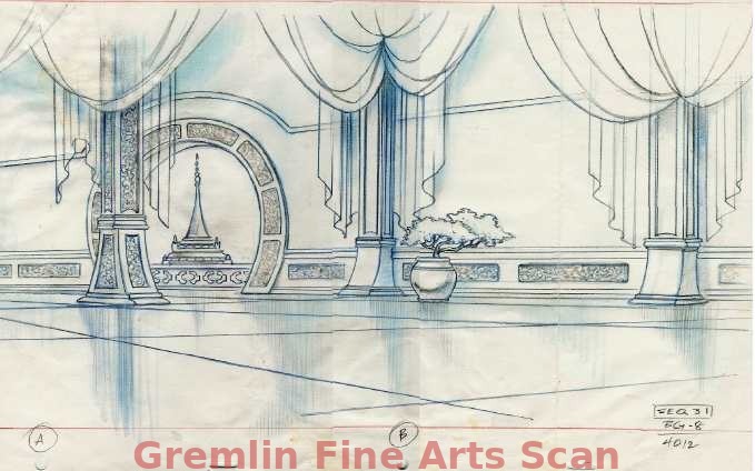 THE KING AND I 1999 Pan background layout drawing of the interior of the palace. Graphite and Blue pencil on pan animation paper. Directed by Richard Rich.