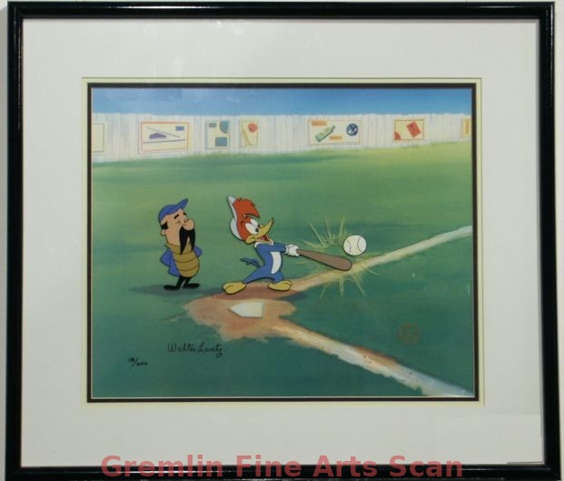 WOODY GETS A HIT 1992 Walter Lantz Signed Limited Edition Cel of Woody at the Bat. #17/200. Overall Size 12 x 16 Inches. 4935-LE $700.00 Framed