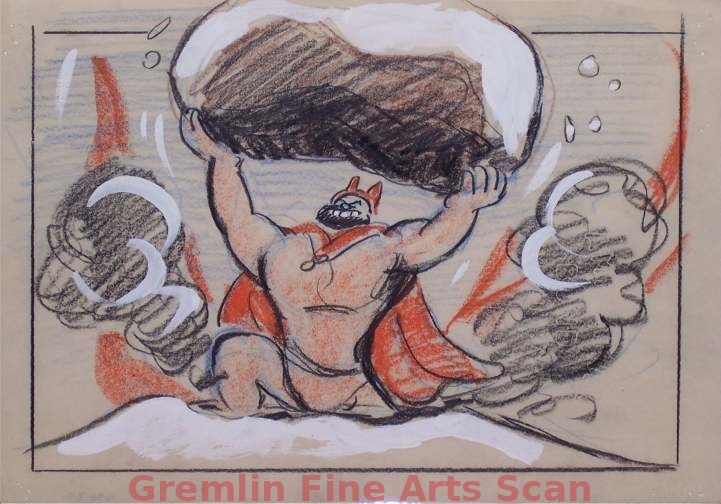 I’LL BE SKIING YA   1947   Bluto (The Devil) Lifts the Rock Over His Head.  Crayon & Watercolor on Paper.
