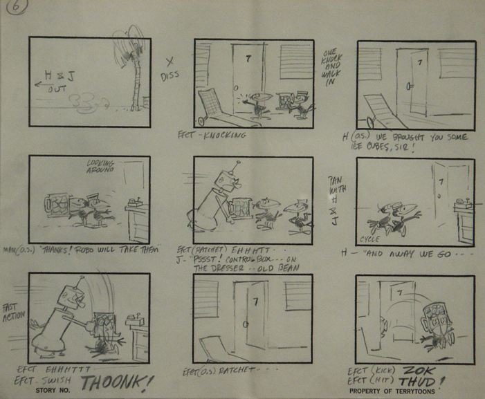 HECKLE AND JECKLE in MECHANICAL TROUBLE 1964 Original Storyboard page consisting of 9 boxes of images with text. Drawn on Terrytoons Storyboard paper. Page 6.