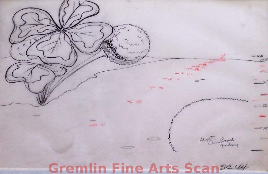 LUMBER JACK RABBIT 1955 Very Rare Background Layout (Drawn on an Opaqued Cel) depicting the giant flower growing. From the Only 3-D Bugs Bunny Cartoon. Art by Maurice Noble & Philip DeGuard.