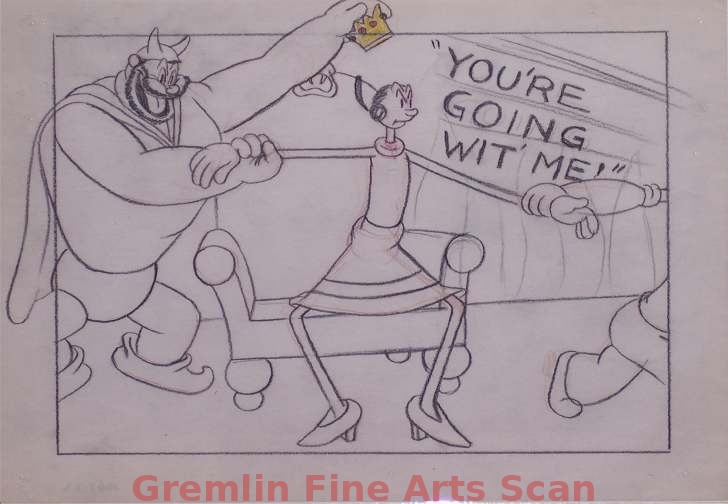 I’LL BE SKIING YA 1947 This is an original storyboard page from the estate of Izzy Klein, one of the best known of the Famous Studios animators and directors. In this scene Bluto Puts the Crown Back on Olive’s Head. He & Popeye Each Grab an Arm. Graphite & Conte Crayon on Paper.