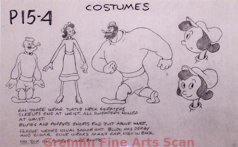 COSTUMES MODEL ( POPEYE) 1955 Original Studio Photocopy of Olive Model Sheet. Marked #P15-4, “Costumes.” Probably Released as “A Job for a Gob” in 1955.