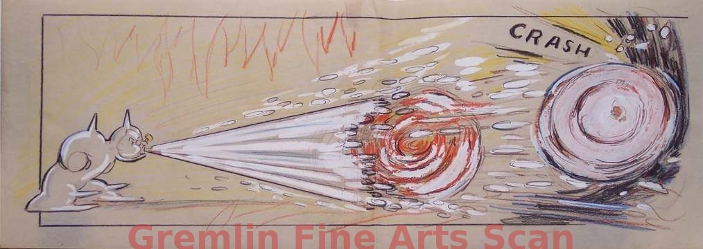 I’LL BE SKIING YA 1947 Original Storyboard Drawing by Veteran “Popeye” Director/Animator, Izzy Klein. Bluto Gets Blown Back into the Cave Wall & Turns into a Can. Graphite & Crayon with Watercolor on Paper. This is the Final Pan Layout of the Story.