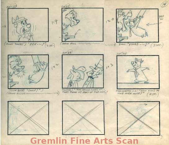 YOGI BEAR 1960 Nine Storyboards for a Yogi Bear Cartoon. Production #R-32, Page #14.