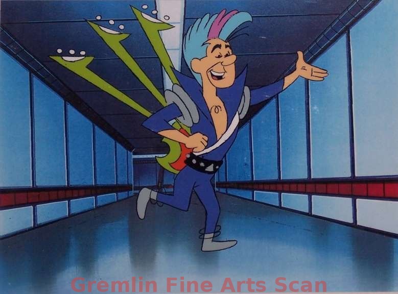 JETSONS 1970’s Production Cel of Judy Jetson’s Boyfriend, the Rock & Roll Performer, Presented on a Color Laser Background.