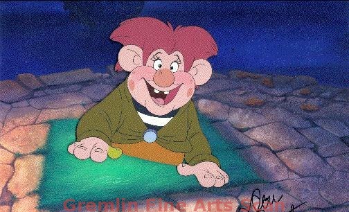 A TROLL IN CENTRAL PARK 1994 Super production cel of Stanley climbing out of the patch of green. Presented on a color laser background. This cel is signed by Don Bluth.