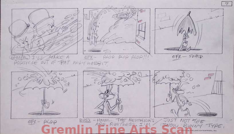 BUGS BUNNY’S LOONEY CHRISTMAS 1979 Six Original Storyboards Depicting Elmer Fudd Shoveling Snow into Bugs’ Hole and Bugs Coming Out to Investigate. Friz Freleng Directed this Special. Page #7.