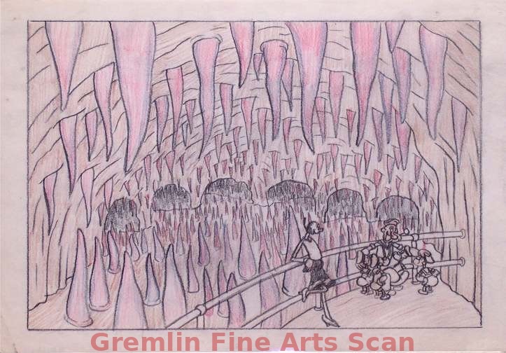 I’LL BE SKIING YA   1947   This is an original storyboard page from the estate of Izzy Klein, one of the best known of the Famous Studios animators and directors. In this scene Popeye Starts to Tell the Story of Dante’s Cavern to his Nephews. Graphite & Conte Crayon on Paper.