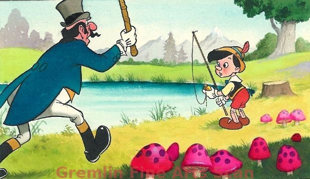 PINOCCHIO 1970’s Original watercolor painting depicting Pinocchio about to be chased from his favorite fishing hole. This painting was used to illustrate a story in Disney’s “Now I Know”. Custom Matted and Framed. Framed to 9 1/2 x 12 1/2 Inches. 16949-DA $199.00 Framed