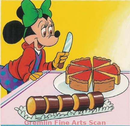 MINNIE MOUSE 1975 Original painting of Minnie Mouse cutting a cake. This painting was used to illustrate, Disney’s Now I Know, June, 1975. This artwork has been custom matted and is ready to frame.
