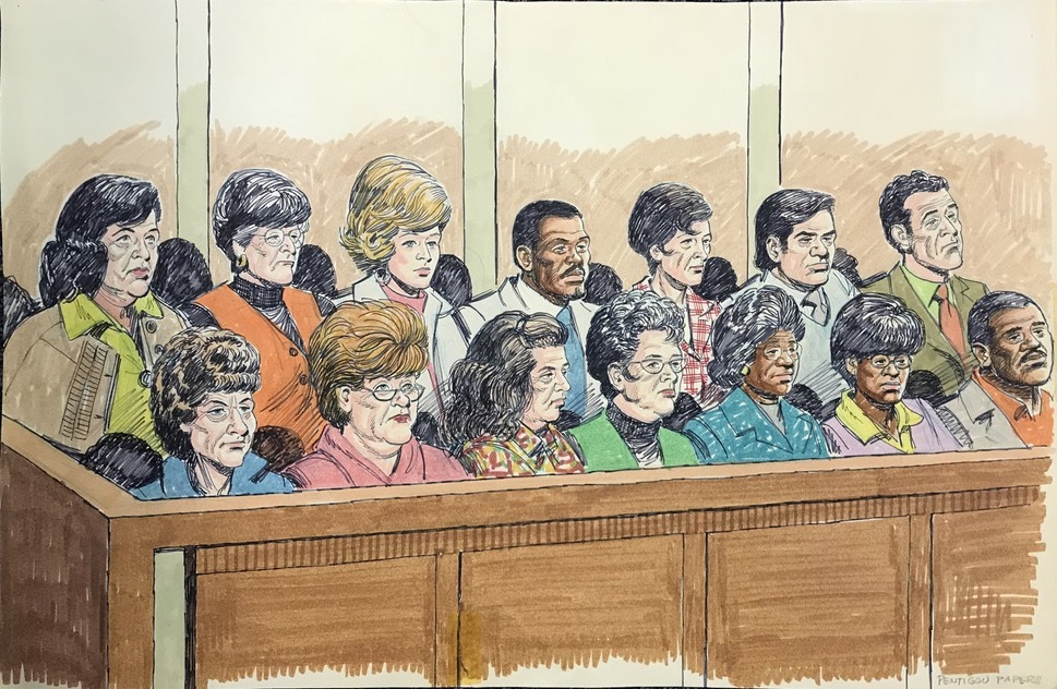 Daniel Ellsberg - The Pentagon Papers trial. Courtroom sketch of the impaneled jury in the