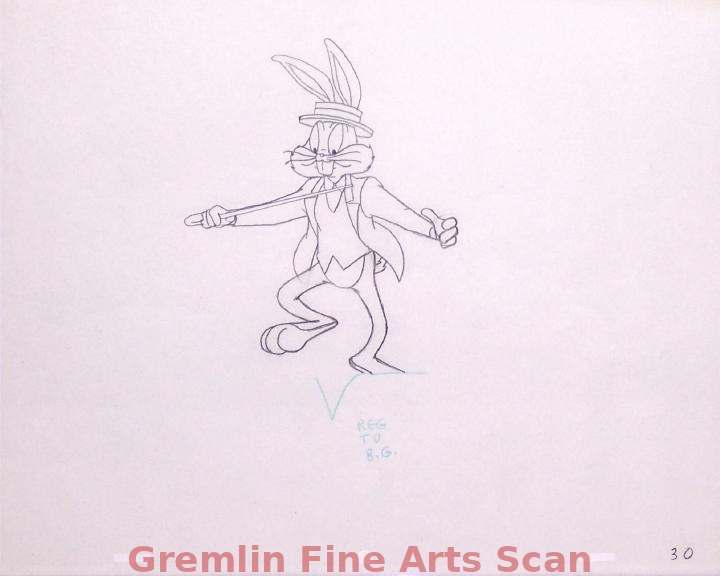 THE BUGS BUNNY SHOW 1960’s Animation Drawing of Bugs with Top Hat & Cane. Ref. #30.