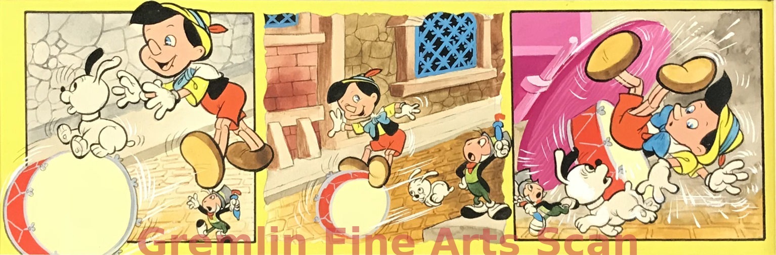 PINOCCHIO 1973 Three Consecutive Original Watercolor Paintings Depicting Pinocchio, Jiminy Cricket and a Puppy Fooling Around. These Paintings Were Published in Disneyland #104, February 17, 1973, Page 19. Custom matted and ready to frame. Matted to 8 3/4 x 16 1/2 Inches. Matted 10877-DA $299.00