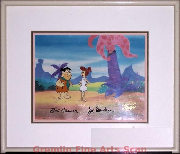 THE JETSONS MEET THE FLINTSTONES 1987 Production Cel of Wilma Scolding Fred, Presented on a Studio-Prepared Color Laser Background and Signed by Bill Hanna and Joe Barbera.