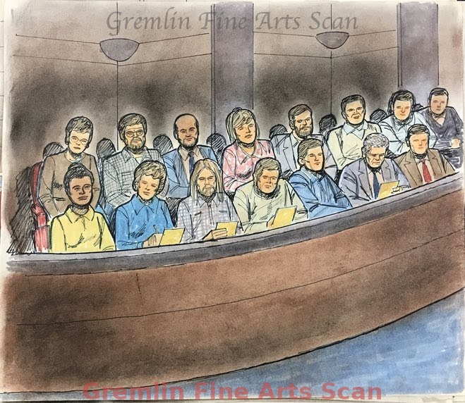 Rodney King Trial 1993 The trial of four police officers for Assaulting Rodney King during a traffic stop and beating him severely was caught on tape. The LAPD already had a reputation for racially motivated beatings, and the Press had a field day covering this trial. Pictured is a sketch of the jury each looking at an exhibit. Sketched by Bill Lignante for ABC News..
