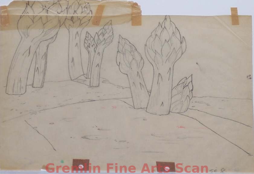 LUMBER JACK RABBIT 1955 Very Rare Background Layout depicting the giant asparagus drawn on vellum. From the Only 3-D Bugs Bunny Cartoon. Art by Maurice Noble & Philip DeGuard.
