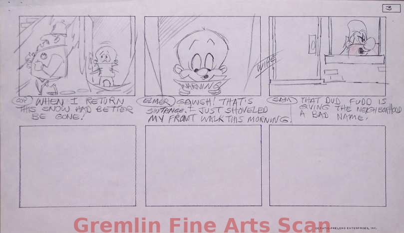 BUGS BUNNY’S LOONEY CHRISTMAS 1979 Three Original Storyboards Depicting Yosemite Sam, Elmer Fudd & a Cop. Sam is Upset that Elmer Isn’t Shoveling Snow Like Everyone Else. Page #3.