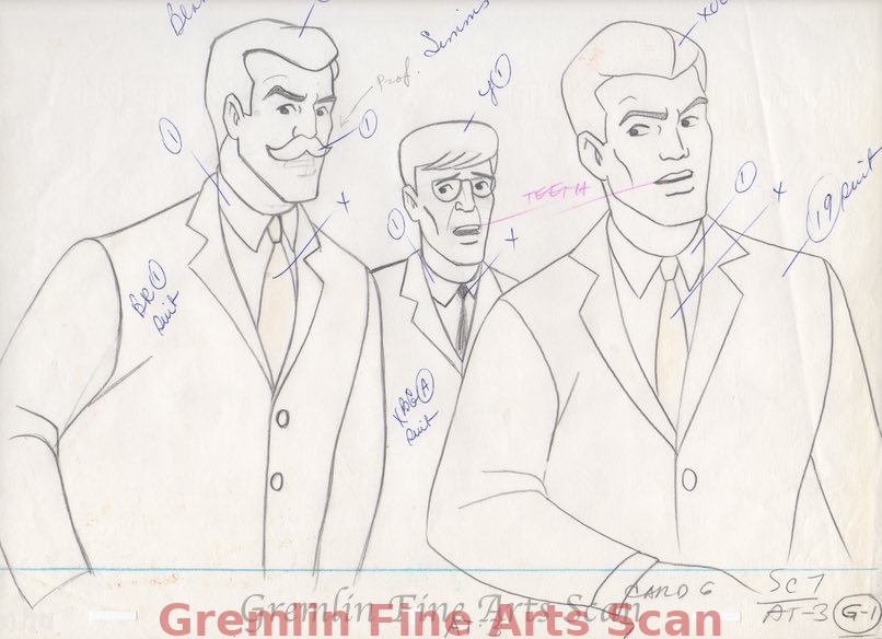 THE ATOM   1968   Animation Drawing of the Atom in his Secret Identity (Palmer) Along with Two Other Characters (Blake & Simms).   Overall Size 10 x 12 Inches.   10189-DC   $65.00