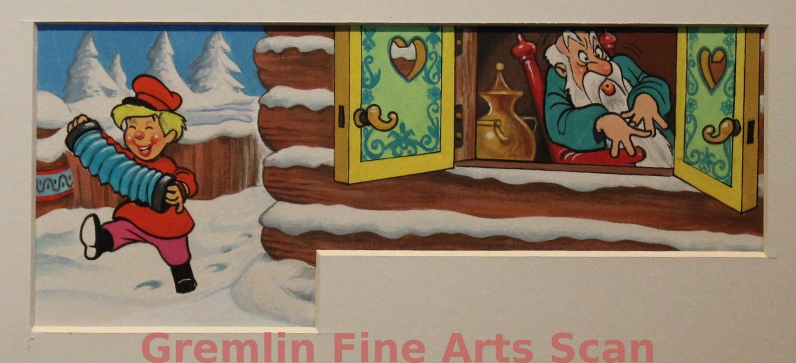 PETER & THE WOLF 1974 Two Original Watercolor Paintings, One Depicting Cinderella Reading a Storybook (She is the Narrator of this Story) and Two, Peter (From the Peter & The Wolf Sequence of "Make Mine Music") Playing his Squeezebox in the Snow. This Piece was Published in Disneyland Magazine, March 6, 1974, Page 10.