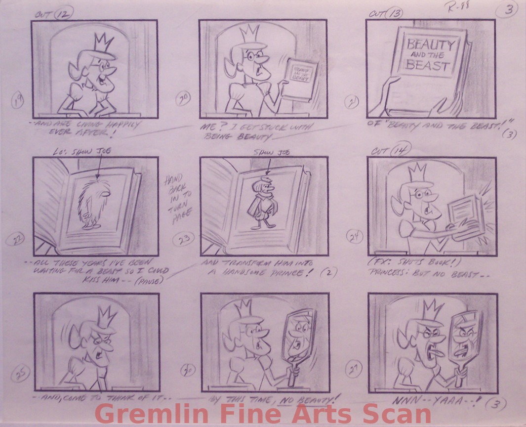 YOGI BEAR 1960s 9 storyboards from an early Yogi Bear Cartoon entitled “Beast Feast”. This cartoon was a spoof on the Beauty and the Beast story. Page 3.