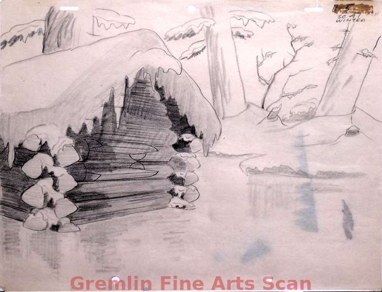 WOODY LAYOUT SC 47.   1951   Animation Layout Drawing of a Snow-Covered Cabin in the Woods.  From the Same Production as 1854-WL.