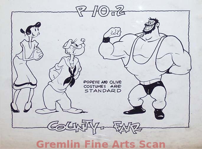 COUNTY FAIR 1950 Original Studio Photocopy Model Sheet of Popeye, Olive & Bluto. Marked P10-2.