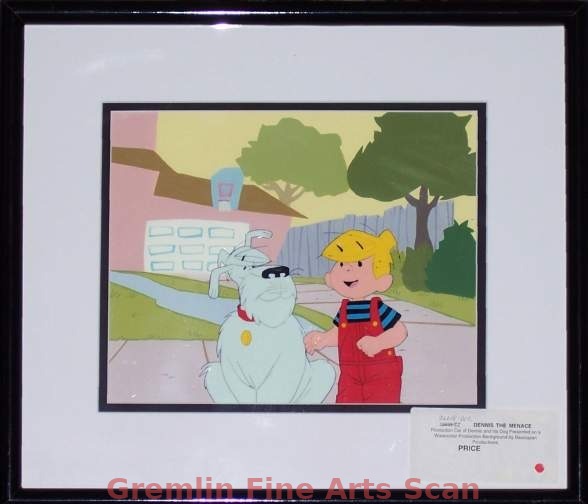 DENNIS THE MENACE Production Cel of Dennis and his Dog Presented on a Watercolor Production Background by Basmajian Productions.
