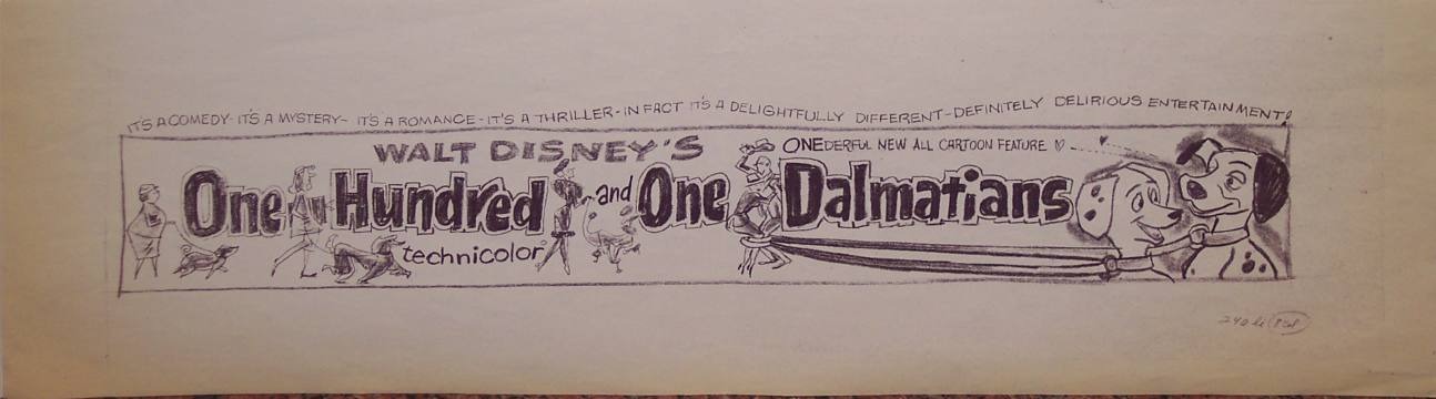 101 DALMATIONS 1961 Original Studio Stat Sheet Sheet of the Preliminary Art For the Movie Banner of Pongo & Perdita. This Piece is the Property of the Artist That Designed the Banner, David Rose. Edges are Yellowed from Age.