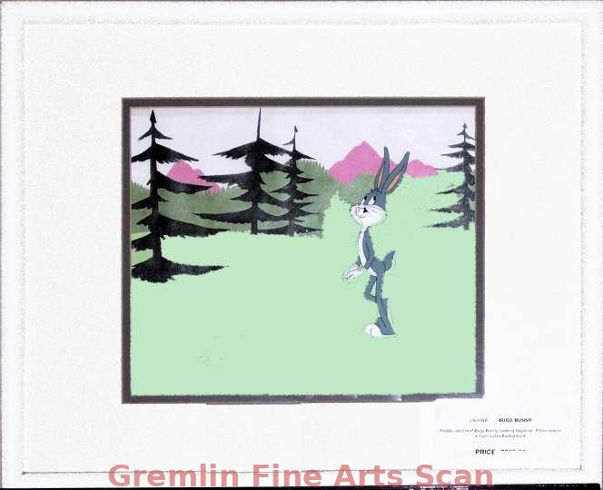 BUGS BUNNY 1980’S Production Cel of Bugs Bunny Looking Skyward. Presented on a Color Laser Background.