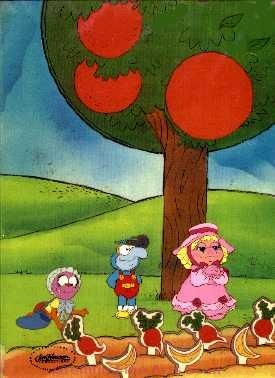 MUPPET BABIES 1984 Production cel of Animal, Gonzo and Piggie in an artificial garden scene. Presented on a key color laser background.