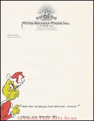 HOW THE GRINCH STOLE CHRISTMAS   1966   Original Chuck Jones Stationery Complete with MGM Lion Logo, Watermark and a Color image of the Grinch.