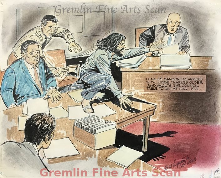 Charles Manson  1970  Charles Manson's trial for the Tate-LaBianca murders and conspiracy to commit murder is underway.  Sketch by world reknowned artist, Bill Lignante, for ABC TV News Coverage. This sketch depicts Manson vaulting over the defense table and lunging at Judge Charles Older as a Court Officer tries to restrain him.  Two defense attorneys look on in shock as this unfolds.  Signed "Bill Lignante, ABC News".  This sketch foretells what is ahead in the trial of the century...