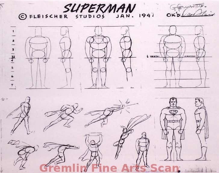 SUPERMAN 1941 Xerox model sheet of Superman from the first animated Superman cartoon