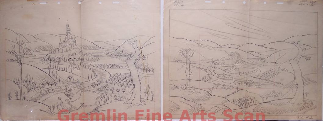 MICKEY AND THE BEANSTALK 1947 Two Consecutive Background Layouts which Show the Degeneration of the Castle and the Surrounding Town of Happy Valley After the Harp is Stolen. Markings are 2043, Seq. 1 & 01.0, Sc. #40, BG#2. One Has Camera Movement Instructions. Two 16-Field Sheets 2854-WD $900.00