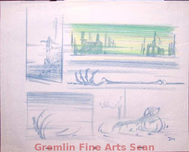 WIZARDS 1977 Animation Sheet of Original Designs Contemplated for his Ralph Bakshi Production. Eerie Skeletons & The Remains of Bridges Highlight this Unusual Concept Piece. Drawn & Signed by Toby Bluth (Brother of Animator Don Bluth).