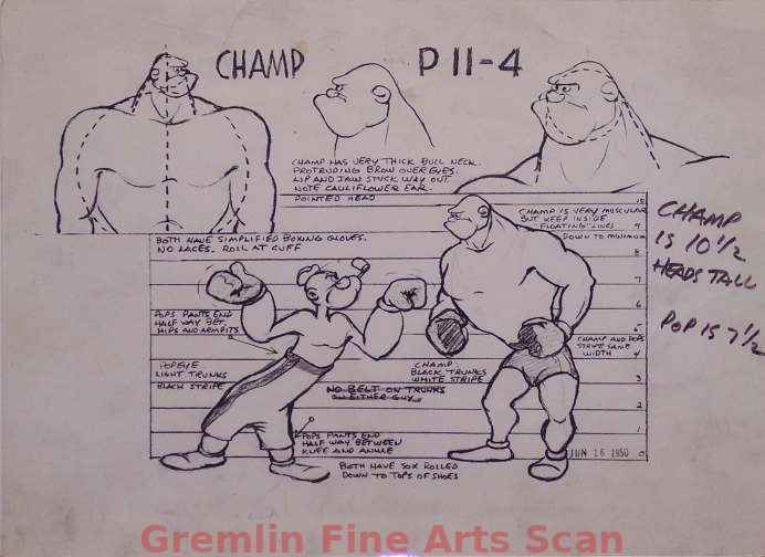 CHAMP MODEL ( POPEYE) 1951 Original Studio Photocopy of Popeye Model Sheet. Marked P11-4, “Champ.” Probably Released as “Punch & Judo” in 1951.