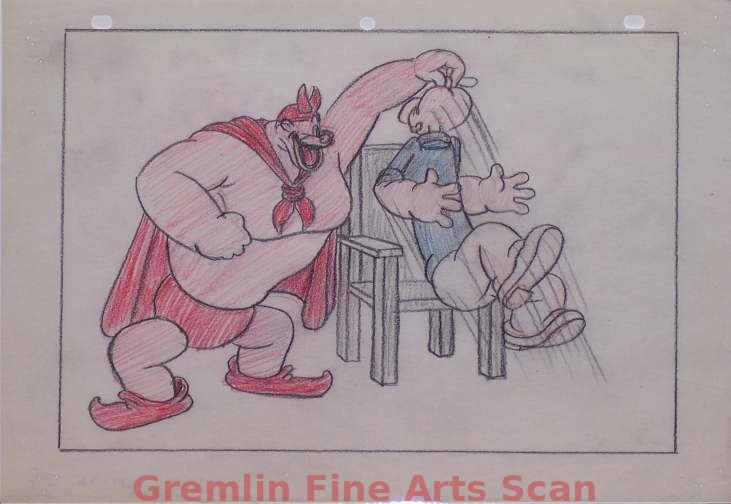 I’LL BE SKIING YA 1947 Bluto Grabs Popeye By the Nose & Throws Him in the Chair. Graphite & Crayon on Paper.