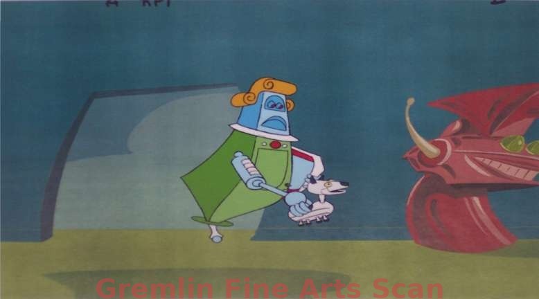 JETSONS 1970’s Production Cel of the Robotic Maid Trying to Get Rid of the Mechanical Watchdog. Presented on a Color Laser Background.
